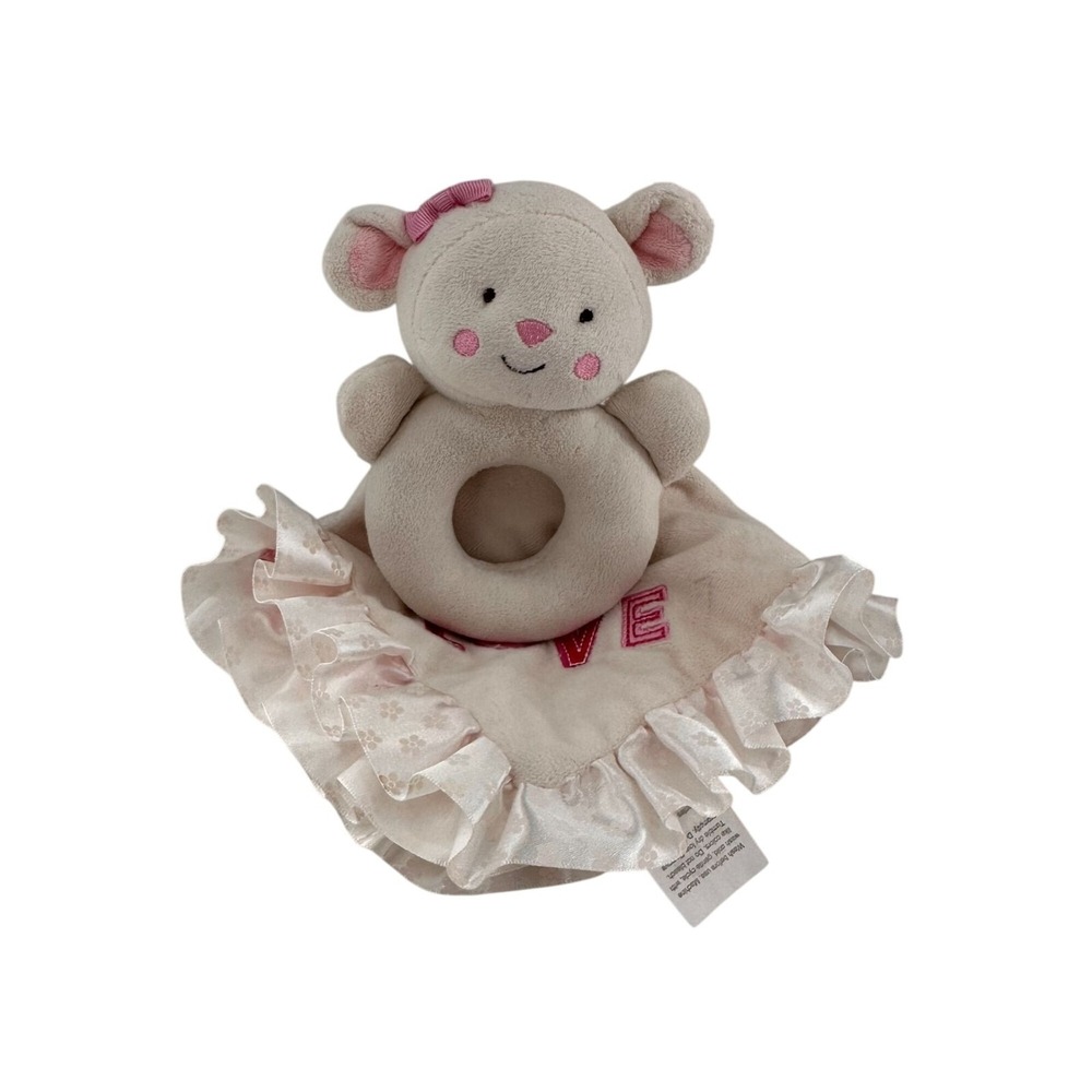 Carters Baby Lovey Security‎ Blanket Mouse Rattle Love Satin Trim Lamb Cream
